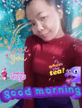 a girl wearing a red sweater with what the tea on it