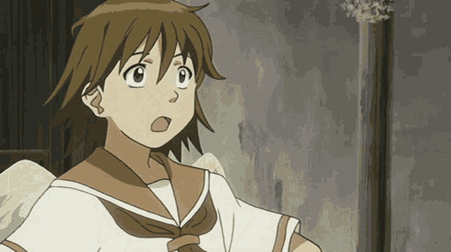 a girl with brown hair is wearing a white shirt and a brown sailor tie