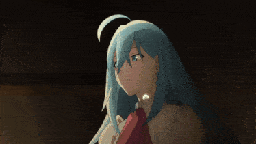 a cartoon character with long blue hair is standing in the dark
