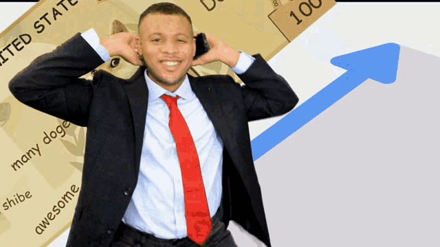 a man in a suit and tie is holding a phone in front of a united states 100 dollar bill