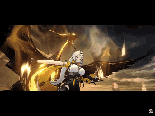 a video game character with a dragon behind her and the letter z on the bottom right