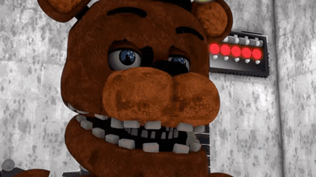 a close up of a teddy bear 's face with a clock in the background