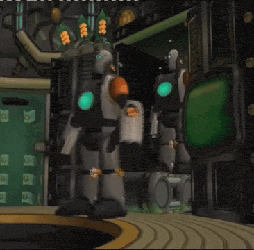 a cartoon drawing of a robot with a green light on its head