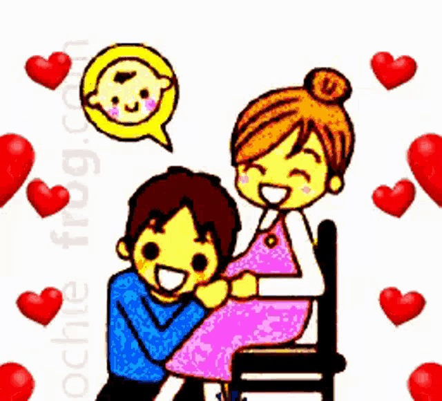 a cartoon of a man petting a pregnant woman surrounded by hearts