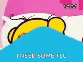 a cartoon character is laying on top of a blue hill and says `` i need some tlc '' .