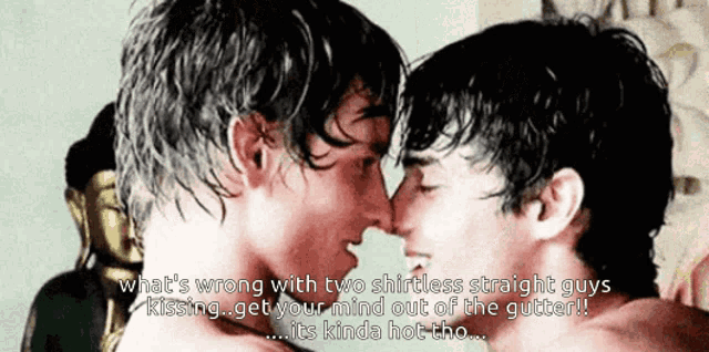 two shirtless men kissing with the words what 's wrong with two shirtless straight guys kissing