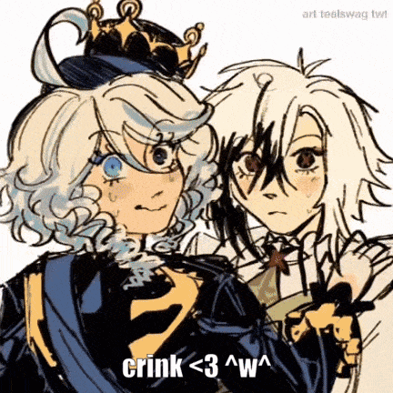 a couple of anime characters are standing next to each other and one of them has a crown on his head .