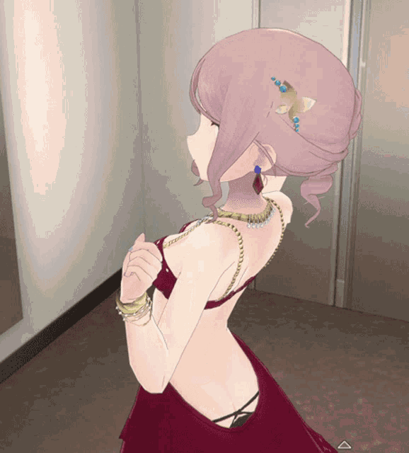 a girl in a red dress is standing in a hallway with a triangle in the corner