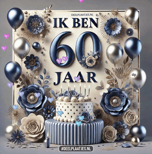 a greeting card with a cake and balloons that says ik ben 60 jaar