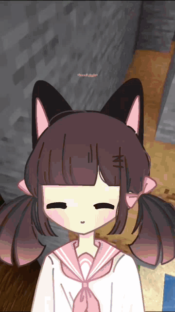 a drawing of a girl with a cat ear and a pink bow on her hair