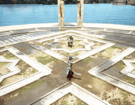 a person holding a sword is standing in a circular area