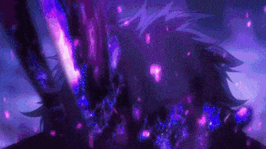 a close up of a person holding a sword in a dark room with purple lights coming out of their head .