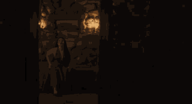 a woman in a red dress is standing in a dark room with a stone wall