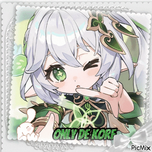 a picture of a girl with white hair and green eyes with the words onlydekore on the bottom