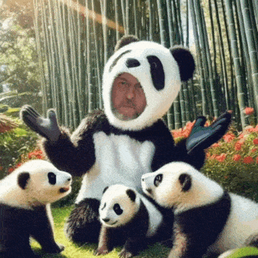 a man in a panda bear costume is surrounded by three panda cubs