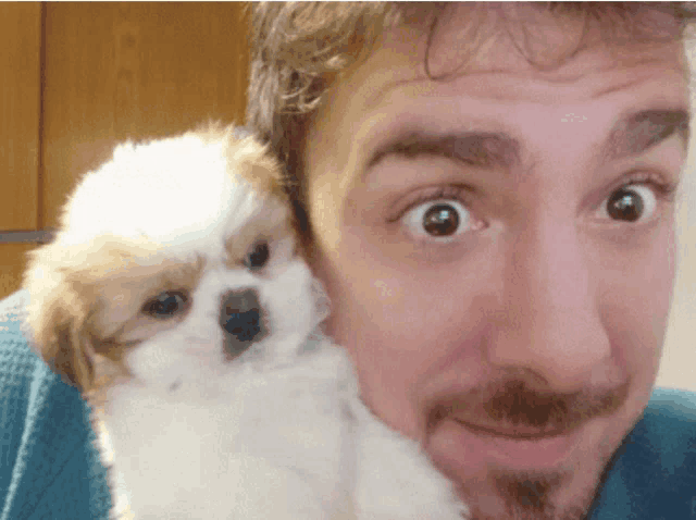 a man holding a small brown and white puppy