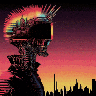 a pixel art of a robot with a mohawk and a city skyline in the background