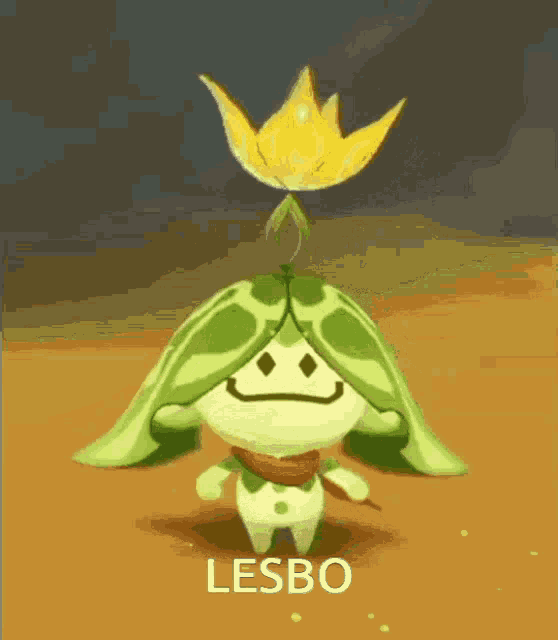 a cartoon character with a yellow flower on top of it and the word lesbo below it