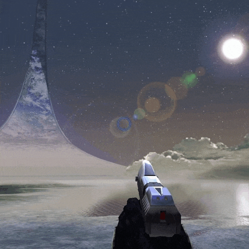 a person holding a gun in front of a halo ring in the sky