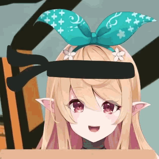 a blonde anime girl with a blue bow and flowers on her hair