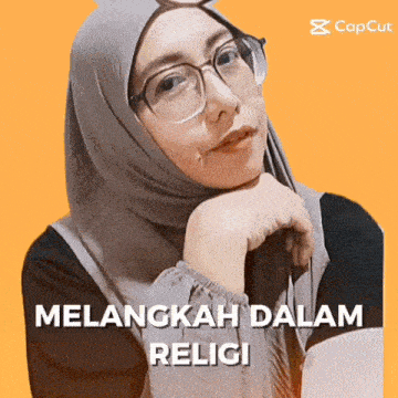 a woman wearing glasses and a hijab with the words melangkah dalam religi written below her