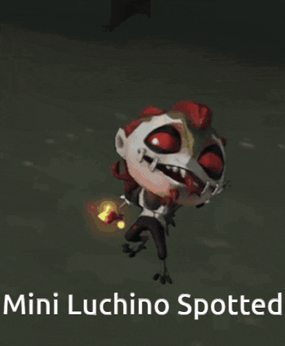 a cartoon character with red eyes and the words mini luchino spotted on the bottom