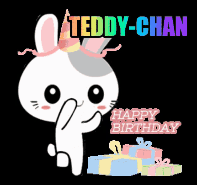 a teddy-chan happy birthday greeting card with a bunny