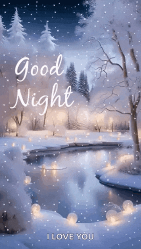 a good night greeting card with a snowy forest and a river