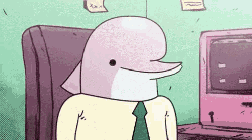 a cartoon dolphin wearing a suit and tie is sitting in a chair .