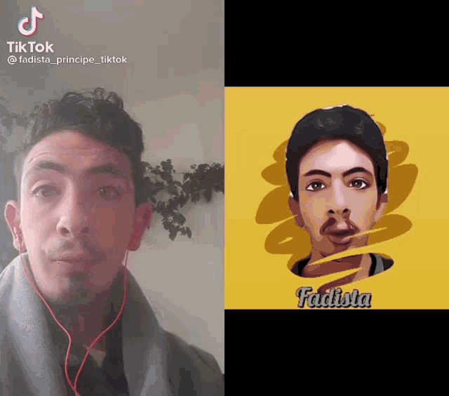 a man wearing ear buds next to a drawing of him with the name fadista on the bottom