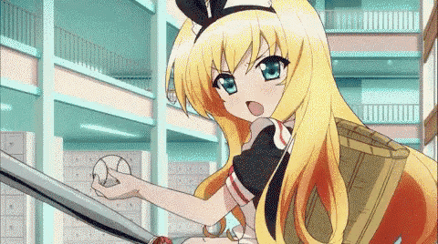 a girl with long blonde hair and blue eyes is holding a baseball
