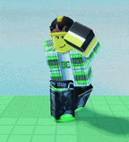 a roblox character wearing a plaid shirt and neon green shoes is standing on a green tile floor .