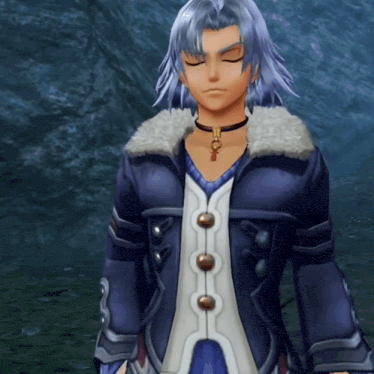 a video game character with a choker and a key around his neck