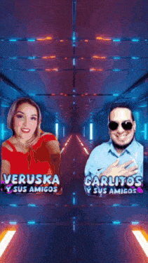 a woman and a man are standing next to each other with the words veruska sus amigos