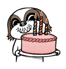 a cartoon dog is holding a pink birthday cake with candles .