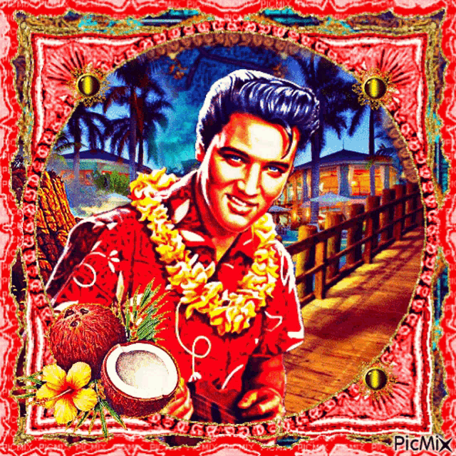 a painting of elvis presley holding a coconut