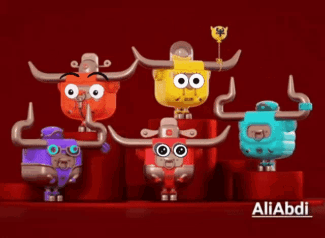 a group of cartoon bulls are on a red podium with the name aliabdi on the bottom