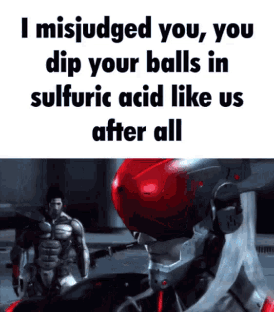 a video game character with a red helmet says " i misjudged you "