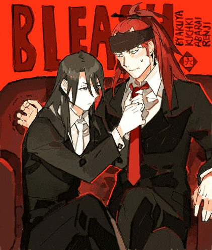 a drawing of two men in suits with the word bleach on the bottom