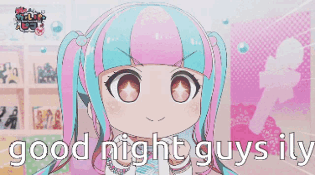 a picture of a girl with pink and blue hair says good night guys illy
