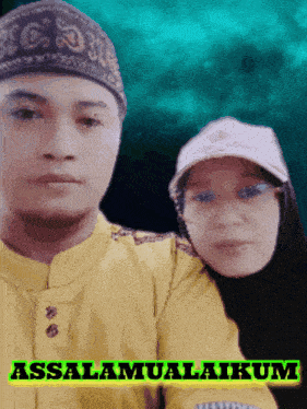 a man and a woman are posing for a picture with the words assalamualaikum in the corner