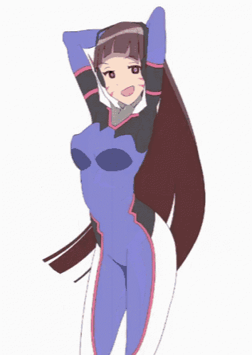 a cartoon of a girl in a purple and black suit with her hands behind her head .