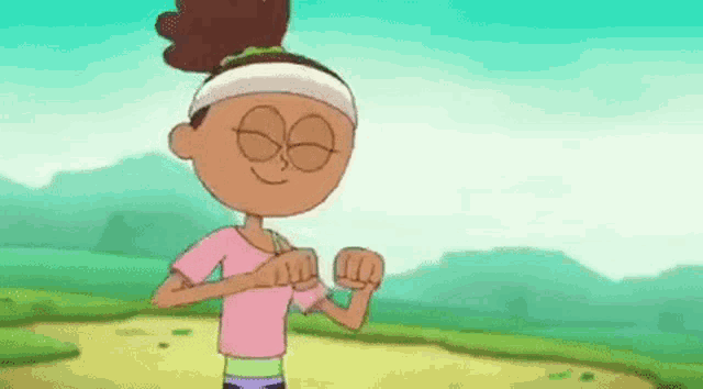 a cartoon girl is flexing her muscles while wearing a headband and a pink shirt .
