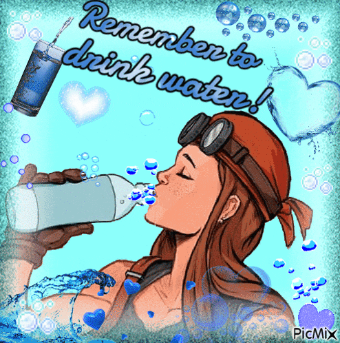 a woman is drinking water from a bottle with the words remember to drink water