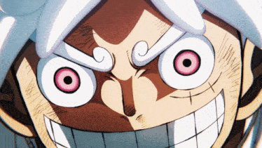 a close up of a character 's face with pink eyes