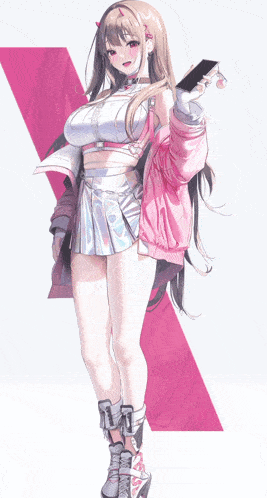 a girl in a pink jacket holding a cell phone