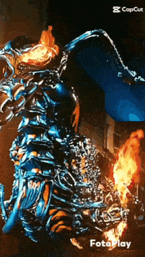 a video of a ghost rider with fire coming out of his mouth