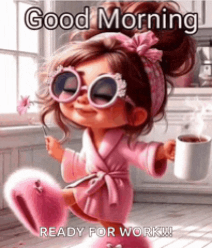 a cartoon girl in a pink robe is holding a cup of coffee and a flower .
