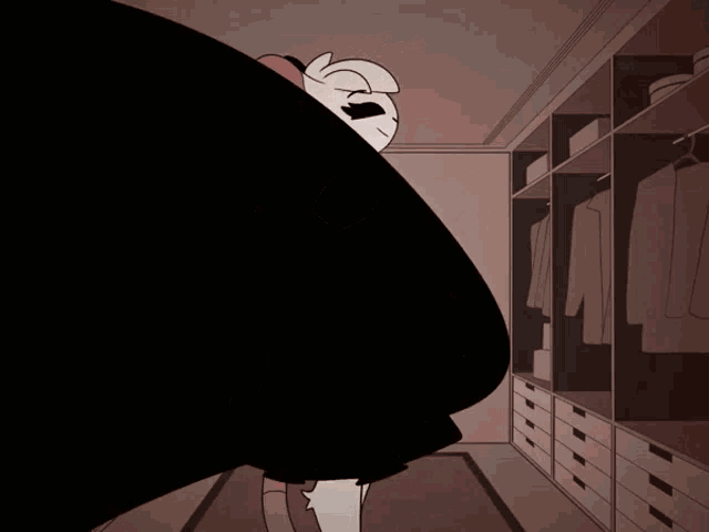 a cartoon character is standing in a closet with a long tail