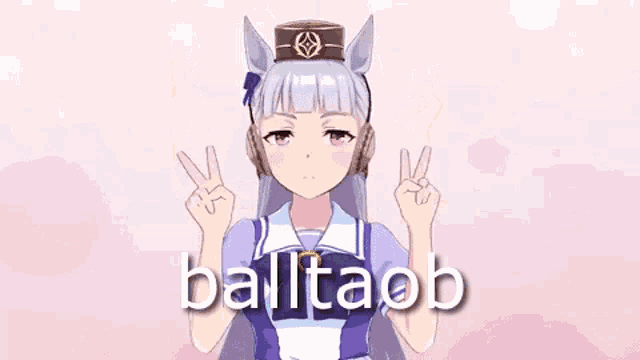 a girl with headphones on her head is standing in front of a pink background with the word ballitaob on it .